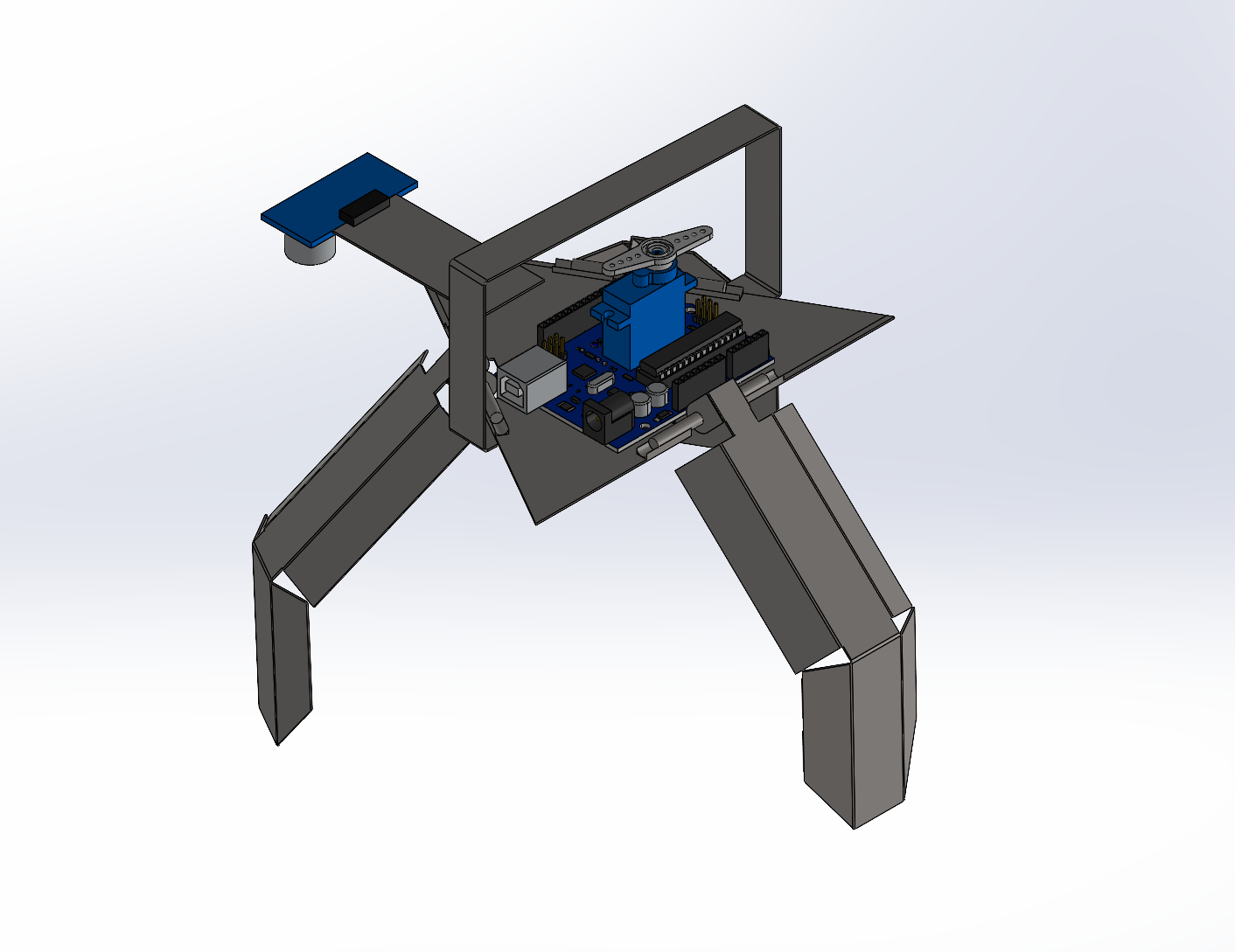 Claw Kent CAD render in SolidWorks, showing the sheet-metal frame, servo, and sonar sensor